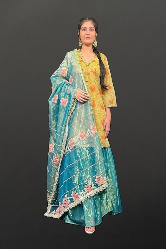 Yellow and Teal Sharara Set